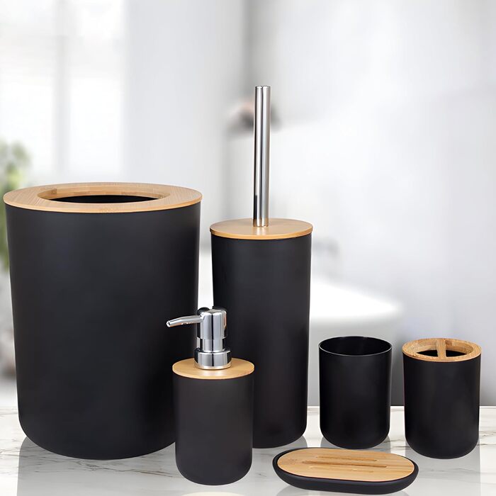Набір аксесуарів для ванної кімнати Retoo 6 предметів: мильниця, тримач для зубних щіток, дозатор мила, чашка, чорний колір