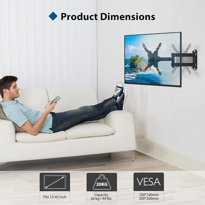 Кріплення для телевізора BONTEC: настінний тримач для LED, LCD, OLED телевізорів 13-42 дюймів, регульований, поворотний на 360°, до 20 кг, VESA 200x200 мм