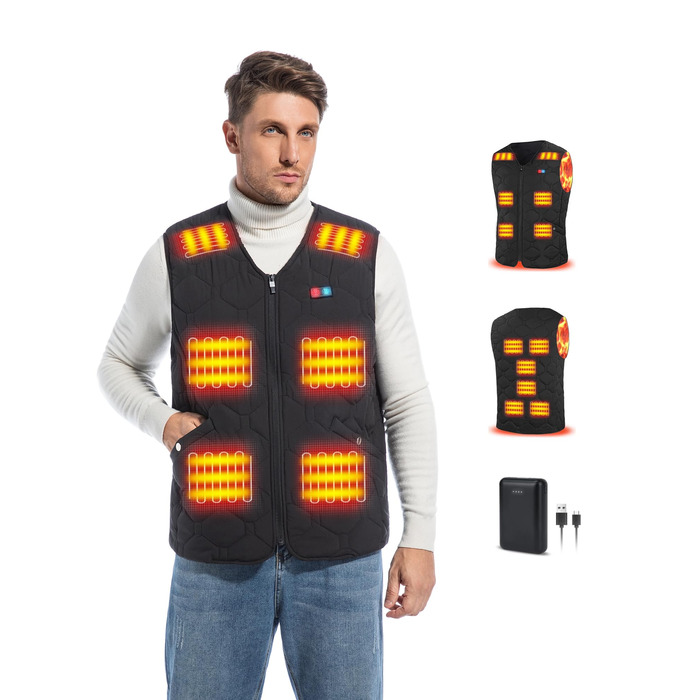 Електрична гріюча жилетка для чоловіків Rrtizan з акумулятором 10000mAh, 15 зон нагріву, 3 режими температури, чорна, XL