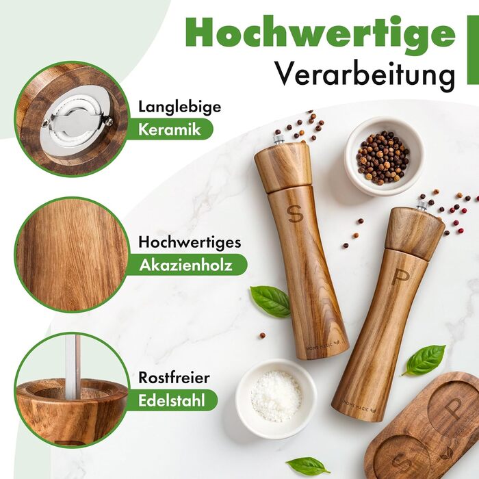 Набір з 2 мельниць для солі та перцю Pfeffermühle Holz з акації з підставкою | Преміум якість, керамічний механізм
