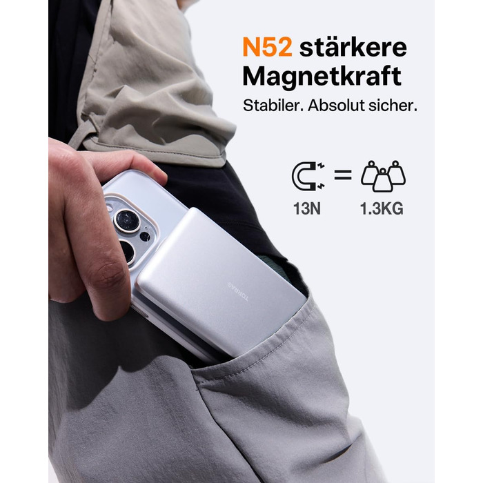 TORRAS MiniMag Ultra Slim Powerbank з MagSafe для iPhone 17 Pro Max, 5000mAh, Швидка зарядка, Бездротовий акумулятор, USB-C, Серія Titan (Сріблястий)