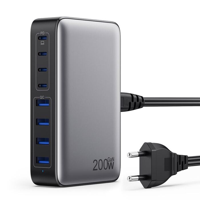 Зарядний пристрій Feob 200W USB-C GaN III 8-Port з PPS PD 65W для MacBook, iPhone, Steam Deck, смартфонів - Чорний