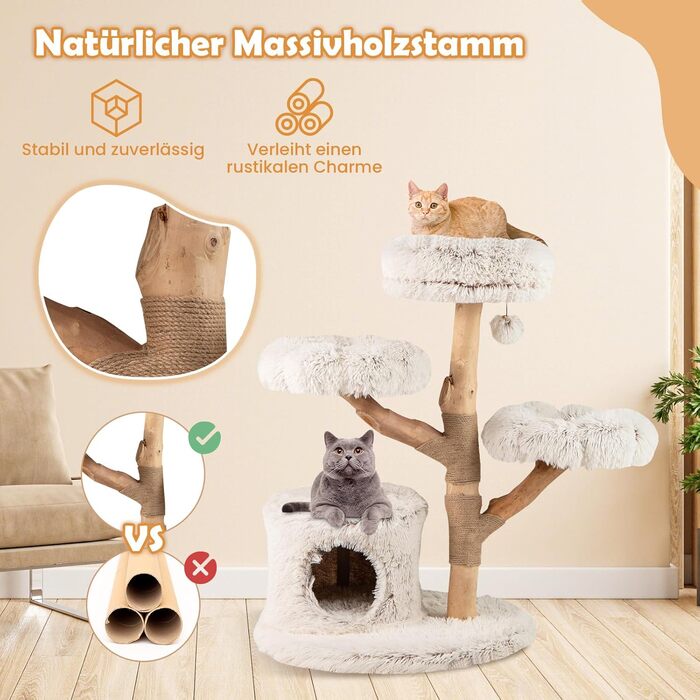 Дерев'яний кігтетопор для котів Costway 87 см з гамаком, мотузкою з сизалю та плюшевими сидіннями. Двохстовпчастий кігтетопор-вежа з джутовими стовпчиками, масивне дерево, білий колір.