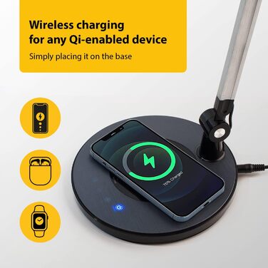 LED лампа для столу OTUS з регулюванням яскравості та бездротовою зарядкою (Qi) | Регульована настільна лампа з 3 кольоровими режимами та 12 рівнями яскравості | Захищає зір для дому та офісу