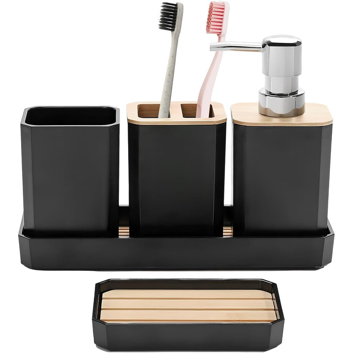 Набір аксесуарів для ванної кімнати Volumoon 5 шт. з бамбука: миловарка, стаканчик для зубної щітки, миловарка, мильниця, чорний. Декоративні аксесуари для ванної та умивальника.