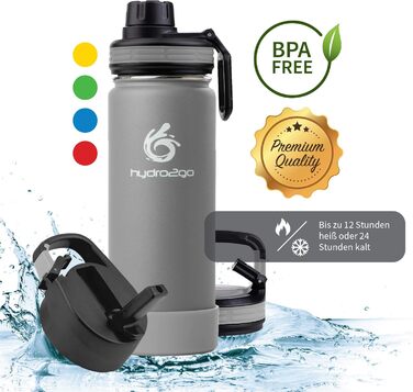 Термофляга Hydro2Go з соломинкою 500 мл, нержавіюча сталь, сіра (Stone Gray 2.0) - для дітей, школи, спорту