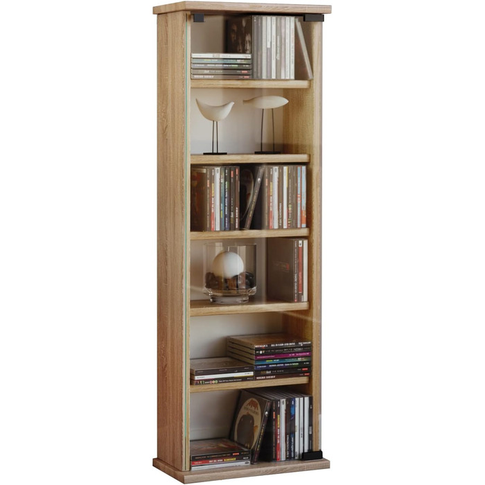 CD/DVD стелаж VCM Regal Holz Vetro із скляними дверцятами, для 150 CD або 65 DVD, колір - sonoma-дуб, 92x31x18 см, стильний стоячий органайзер для дисків Blu-ray, компакт-дизайн
