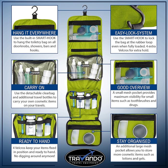 Чоловіча дорожня косметичка TRAVANDO з петлею, прозора, велика, для подорожей, зелена