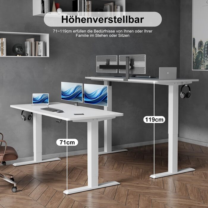 Devoko Electric Standing Desk 160x70cm - Adjustable Height, Stable Standing Desk, Computer Table with Memory Function, Ergonomic Sit-Stand Desk (White)
