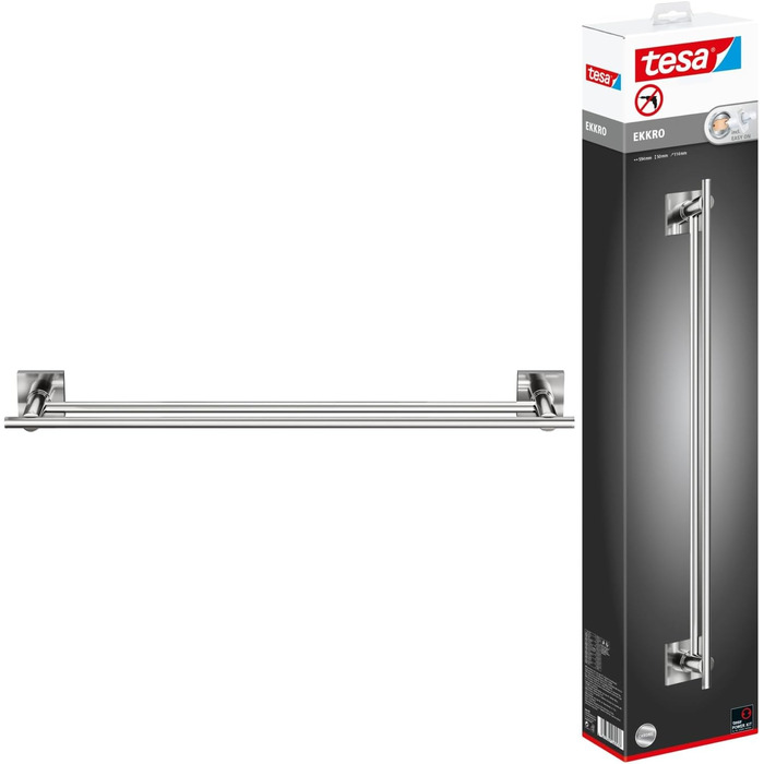 tesa EKKRO Double Towel Rail, Chrome - Towel Holder with 2 Bars - For Wall Mounting Without Drilling, Includes Adhesive Solution - 112 mm x 640 mm x 50 mm