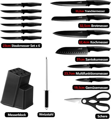 Набір ножів Joyfair 15 предметів з підставкою, з високоякісної нержавіючої сталі, з точильним каменем, кухонний набір з кухонним ножем, ножем для хліба, ножицями та ножами для нарізки та подрібнення, чорний