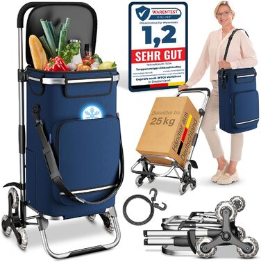 Stair Climber Shopping Trolley with Cooler Compartment, Folding Shopping Cart, Height-Adjustable Shopping Trolley, Reflectors, Removable 43 L Bag, Hackenporsche (Stair Climber Trolley, Navy)