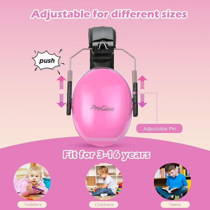ProCase Навушники захисні дитячі шумоізоляційні, рожеві, для сну, подорожей, 3-12 років, NRR 21dB