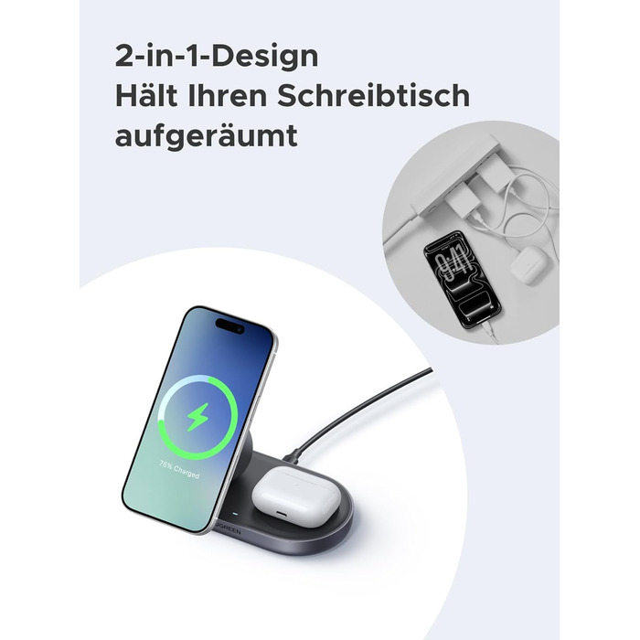Зарядний пристрій бездротовий UGREEN 2-в-1 MagSafe 15W Qi2 для iPhone 17/16/15/14/13/12 та AirPods, кабель 1м (Чорний)