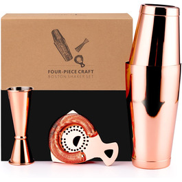 Boston Shaker Set - 4-Piece Cocktail Shaker Kit with 18/28 oz Boston Shaker Stainless Steel, Strainer, and Jigger, in a Stylish Gift Box - Ideal for Home Bar Use. (Rose Gold)