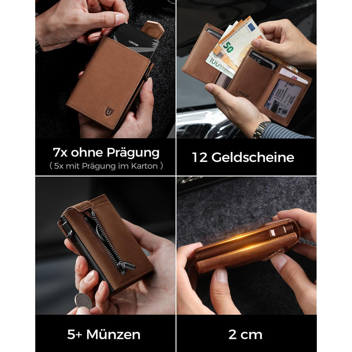 Чоловіче картхолдер LORZOR з магнітною застібкою: slim wallet з відділенням для монет, RFID захистом, вміщує 10 карт, коричневий