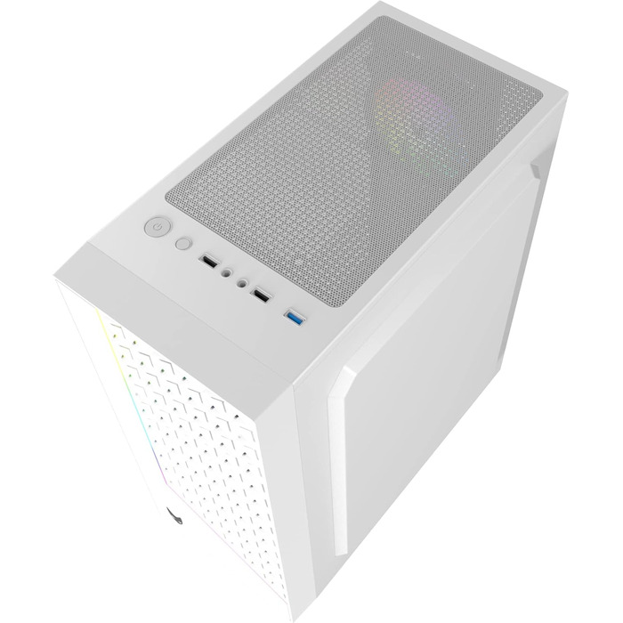 Oversteel Iridium - Комп'ютерний корпус для ігор, білий, з вентилятором A-RGB 120мм, сумісний з ATX/Micro ATX/ITX, сітчаста передня панель, 2 фільтри пилу, загартоване скло, USB 3.0