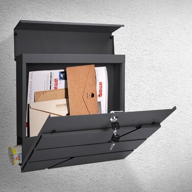 Поштовий ящик настінний ECD Germany з газетницею, антрацит, 37x11x37 см, нержавіюча сталь з порошковим покриттям, 2 ключі, комплект кріплення, сучасний дизайн