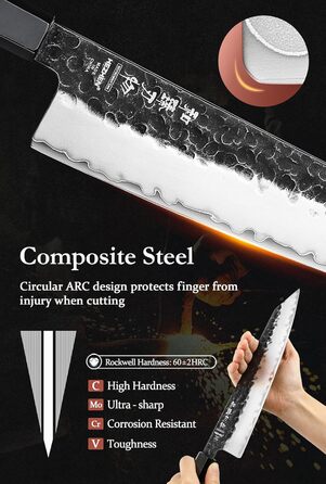 HEZHEN 21.5cm Kiritsuke Chef's Knife - 3-Layer Forged Steel, Japanese Kitchen Knife with Redwood Handle & Wooden Sheath