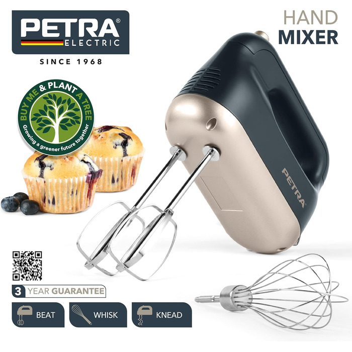 Ручний міксер Petra 300W з 5 швидкостями, турбо-функцією, гачками для тіста та вінчиками, сріблястого кольору