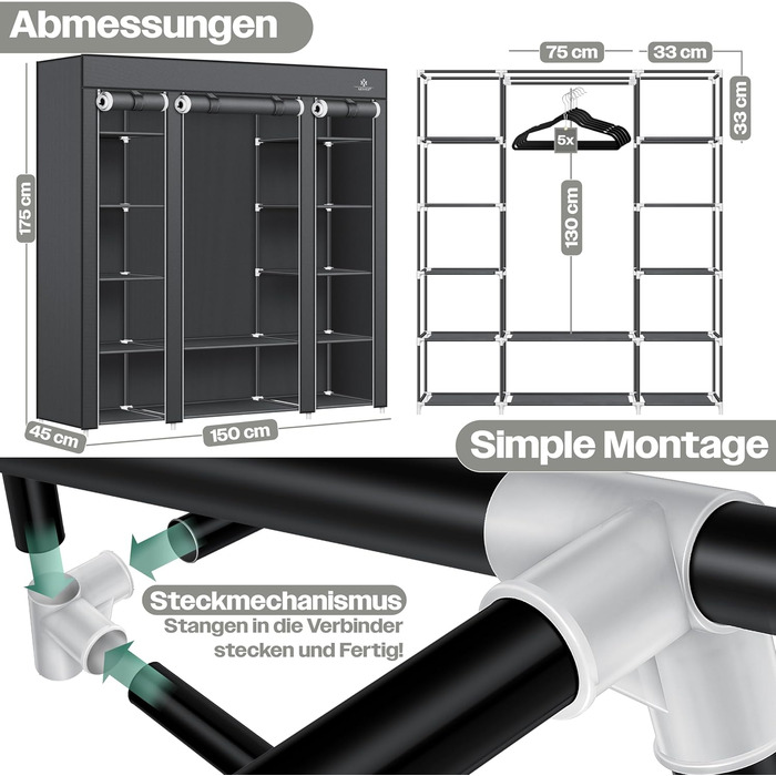 KESSER® Wardrobe Fabric Closet, Stable with Clothes Rail & Shelves, Incl. 5x Clothes Hangers, Fabric Folding Closet for Bedroom, Dressing Room Wardrobe with Clothes Rack 150x45x175cm Anthracite