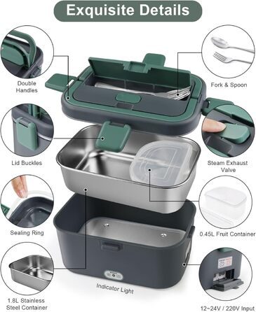 AUTOPkio Electric Lunch Box 1.8L 80W, 12V/24V/220V Large Heated Food Warmer with Bag, Stainless Steel Fork & Spoon for Car, Truck, Office
