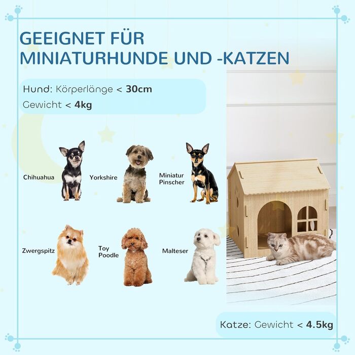 PawHut Indoor Pet House with Window - Wooden Dog & Cat Bed, No-Screw Assembly, Small Pets Up to 4kg, Oak Finish