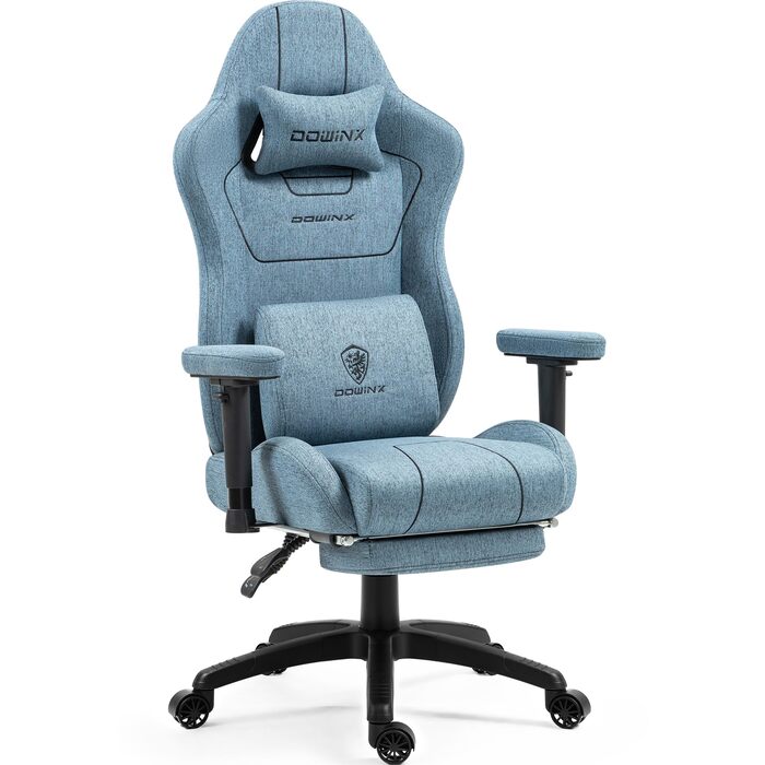 Ігровий крісло Dowinx з тканини, ергономічний геймерський крісло з м'якими підлокітниками, стабільний ігровий та офісний крісло для тривалого сидіння, блакитний
