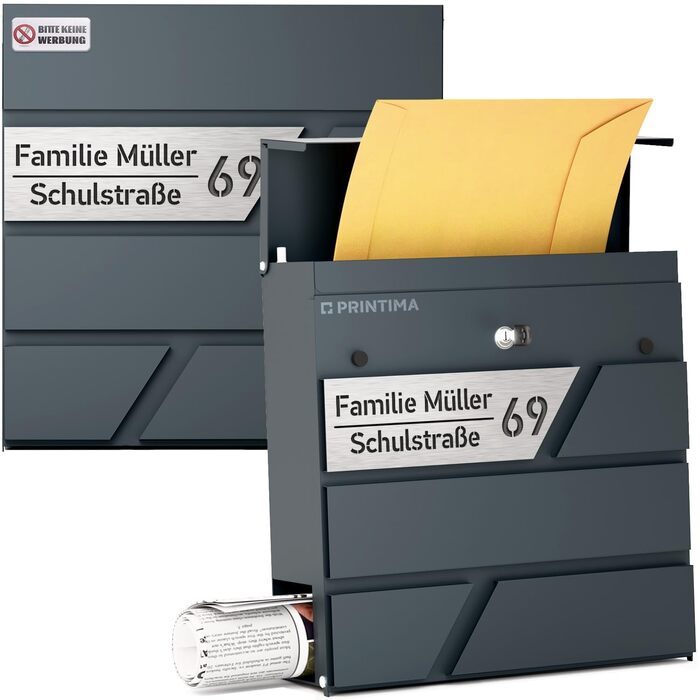 Поштовий ящик для газет Anthrazit Julia Standard: персоналізований з табличкою для імені, настінний, порошкове покриття RAL 7016, 37x37 см