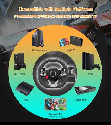 Ігрове кермо DuLingKer з педалями та перемиканням передач, 270° для PC/PS4/Switch/PS3/Xbox One/Xbox 360/Android TV, кермо для перегонів з вібрацією, зворотним зв'язком