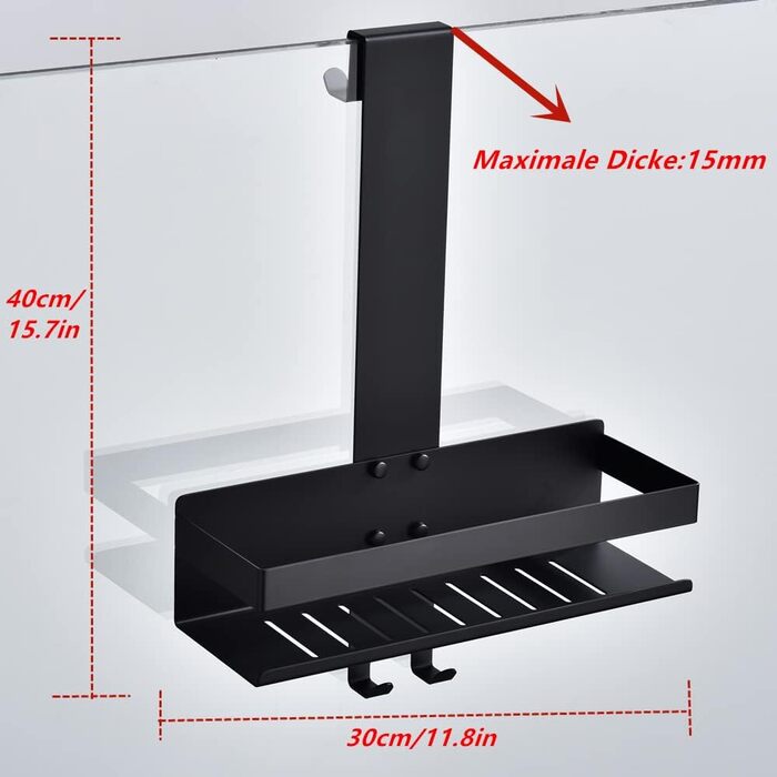 HomeHeng Shower Shelf for Hanging, Stainless Steel Shower Basket Shelf, Matte Black Shower Shelf Shampoo Holder with Hooks for Glass Shower Enclosure, H30MB-1DH