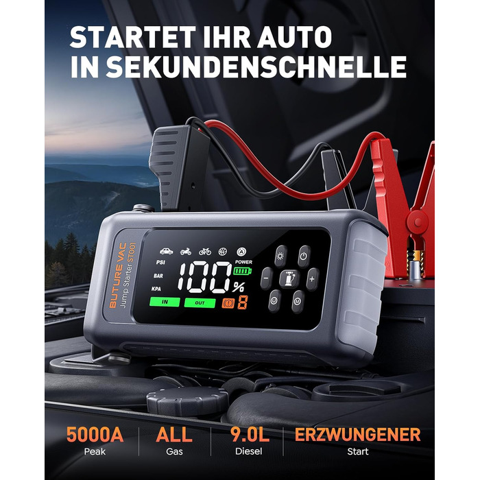 Powerbank Starthilfe 5000A з компресором 150PSI: акумулятор для авто 12V, бустер, аварійний старт, ліхтарик, рукавички