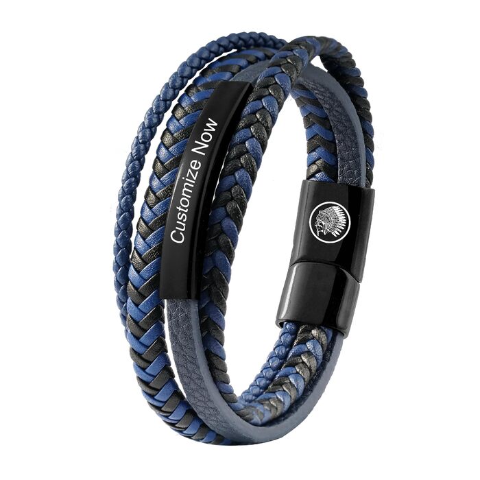 Чоловічий шкіряний браслет Lederarmband з нержавіючої сталі, плетіння, магнітний замок (індивідуальне гравіювання, синій, 19 см)