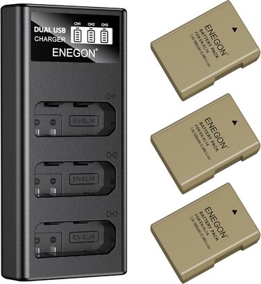 Запасний акумулятор ENEGON EN-EL14/EL14a (2 шт.) та смарт-LED зарядний пристрій Dual USB для Nikon DSLR D3100, D3200, D3300, D3400, D3500, D5100, D5200, D5300, D5500, D5600, DF, Coolpix P7000, P7100, P7700, P7800 (2 акумулятори + зарядний пристрій)