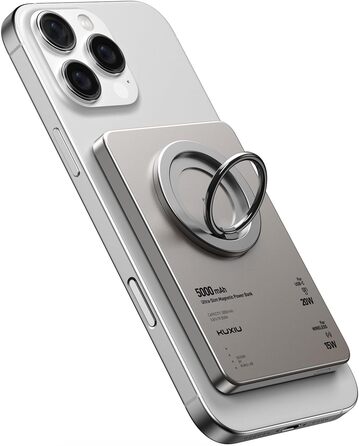 Power Bank KU XIU Magsafe 5000mAh: Тонкий, з підтримкою MagSafe, з кільцем для кріплення, PD 20W, для iPhone 17/16/15/14/13/12 (Титан)