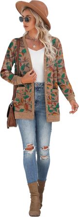 Жіночий трикотажний кардиган Grecerelle з довгими рукавами, V-подібним вирізом, з кишенями та ґудзиками, осінь, колір 'Коричневе листя'