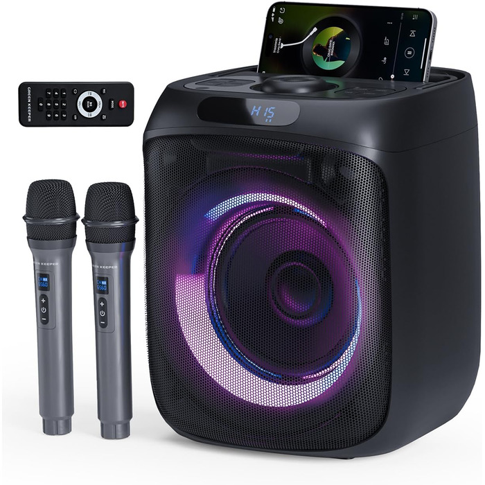 Караоке машина з 2 мікрофонами, портативна PA система з пультом дистанційного керування, караоке бокс з LED-підсвіткою, Bluetooth музична колонка, FM-радіо, TWS/TF/USB/AUX, ідеальна для вечірок та розваг в приміщенні та на відкритому повітрі