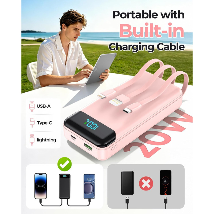 Power Bank Enerwow 27000mAh з USB-C кабелем, 4 порти, LED дисплей - Зовнішній акумулятор для iPhone та інших пристроїв (Рожевий, P300C)