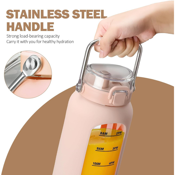 BLUEGO 2000ml Glass Water Bottle with Stainless Steel Handle and Time Marker 2L Motivation Glass Dryer with Silicone Sleeve and Straw for Gym, Office, Outdoors, Sports Water Bottles BPA-Free, (Amber)