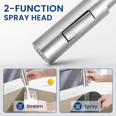 Змішувач кухонний CECIPA з витяжною насадкою, висувний, з двома режимами струменя, поворотний на 360°, одноlever, нержавіюча сталь, срібло