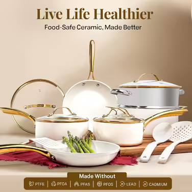 GOTHAM STEEL 15-Piece Cookware Set, Non-Stick Cookware Set, Pot and Pan Set, Kitchen Cookware Sets, Ceramic Cookware Set, Dishwasher Safe, Non-Toxic, Cream White 15 Pieces