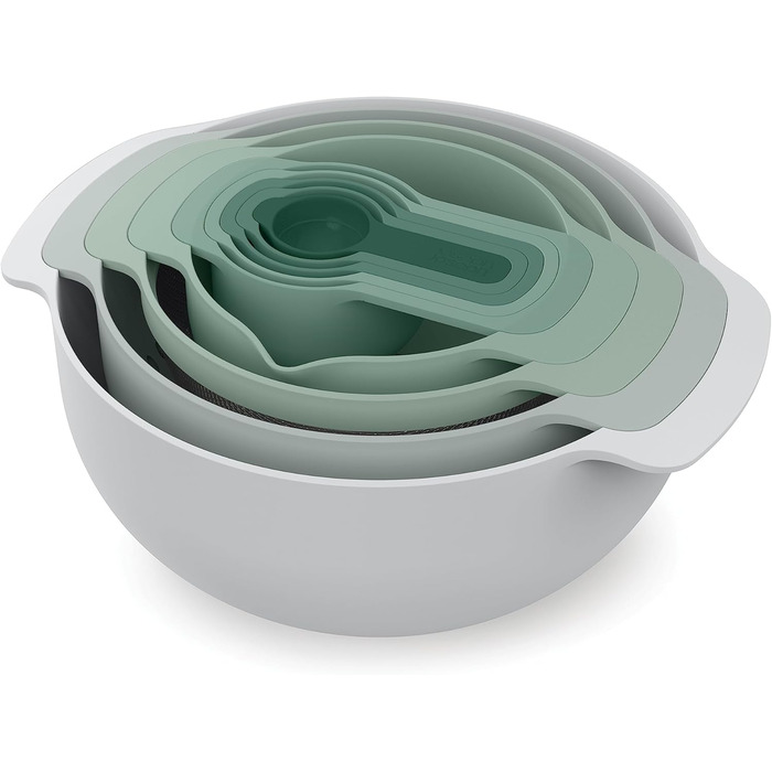 Joseph Joseph Nest 9 Plus, 9-piece compact food preparation set with mixing bowls, measuring cups, colander and sieve, Editions Range, Sage Green, Green