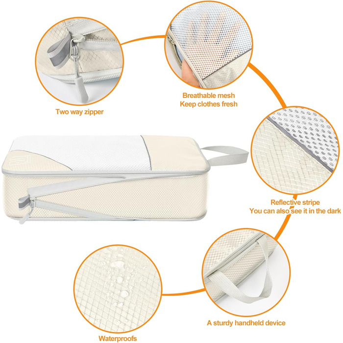 Набір кубиків для пакування 10 шт. Компресійні органайзери для валізи. Кольори: бежевий + чорний. Організація багажу в подорожі, розширені кишені для одягу