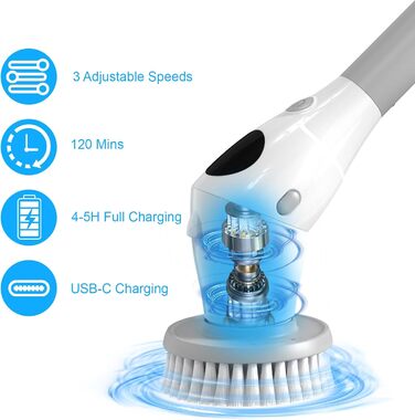 Electric Cleaning Brush, Electric Spin Scrubber Cordless with 8 Replaceable Brush Heads, 3 Speed, Adjustable Handle, LED Screen Electric Brush for Bathroom, Kitchen, Car, Tiles (Gray and White)