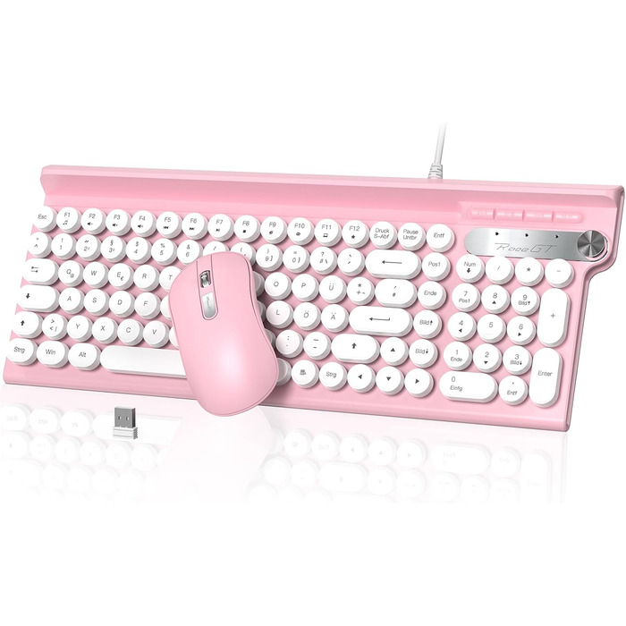 Ігрова клавіатура та миша RaceGT з RGB підсвічуванням, 104 клавіші, вологостійка, 7 кнопок миші 6400 DPI, QWERTZ (DE-Layout), рожевий кабель