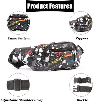 Водонепроникна поясна сумка-рюкзак камуфляжного стилю з багатьма відділеннями для чоловіків, жінок та дітей. Виготовлена з нейлону, ідеальна для бігу, спорту, подорожей та активного відпочинку.