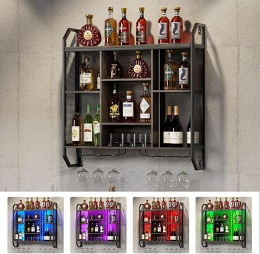 Настінна вітрина для вина з LED-підсвіткою 90x90 см з металу та MDF. Полиці для вин з тримачами для келихів. Регульована полиця для бару, винного підвалу, кухні.