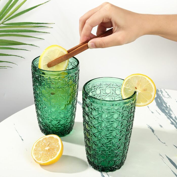 Joeyan 380ml Green Drinking Glasses with Embossed Design, Water Glasses Dishwasher Safe, Long Drink Glasses Set of 4