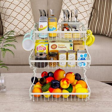 Баскет для фруктів та овочів на 3 ярусах, полиця на кухонну стільницю, легка установка, знімна, ідеальна для фруктів та овочів (білий)