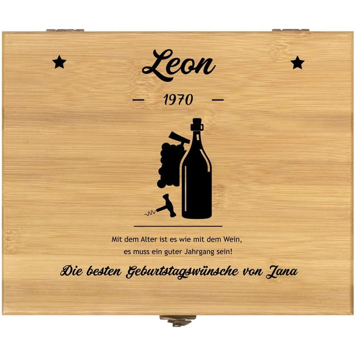 Maverton Personalized Wine Opener Set - Sommelier Set Gift Box - Wooden Box + 6-Piece Wine Accessory Set - Made of Bamboo - Brown - Birthday Gift for Men - (Birthday Wishes)